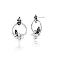 0.56ct Pearl & Marcasite Floral Stud Earrings in 925 Sterling Silver