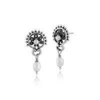 0.80ct Pearl & Marcasite Floral Stud Earrings in 925 Sterling Silver