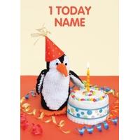 1 penguin first birthday card