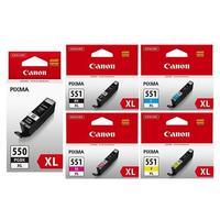 1 Canon PGI-550XL Black + 1 Full Canon CLI-551XL BK/C/M/Y/ Original Ink Cartridges