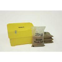 115l YELLOW GRIT BIN WITH HASP AND STAPLE + 4 BAGS 25KG BROWN ROCK SALT