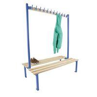 1200MM LENGTH DOUBLE SIDED CLOAKROOM UNIT FITTED WITH 12 BLUE HOOKS - 2x BLUE FRAMES - ASH HARDWOOD TIMBER - OVE