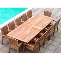 12 Seater Rectangular Double Extending Teak Set with Stacking Armchairs