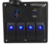 12V-24V DC 4 gang Waterproof marine blue led switch panel with led power socket and 4.2A USB voltmeter