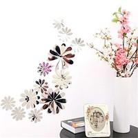 12Pcs Vinyl 3D Removable Decorative Silver Mirror Flowers Wall Stickers For Kids Room 3D Art Wall Decals Home Decor