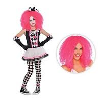 12-14 Years - Girls Pink Clown Costume Circus Sweetie Harlequin Honey Jester Monster Horror Halloween Fancy Dress with Official Pink Crimped Wig