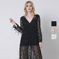 1287 Women\'s Sequin Party / Club Sexy Swing DressSolid V Neck Maxi Long Sleeve White / Black / Brown Cotton