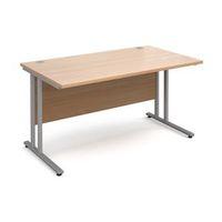 1400MM STRAIGHT DESK IN BEECH 25MM THICK TOP SILVER CANTILEVER DELUX DOUBLE UPRIGHT LEGS FOR STRENGTH