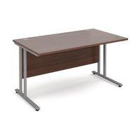 1400MM STRAIGHT DESK IN WALNUT 25MM THICK TOP SILVER CANTILEVER DELUX DOUBLE UPRIGHT LEGS FOR STRENGTH