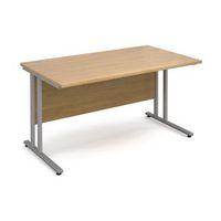 1400MM STRAIGHT DESK IN OAK 25MM THICK TOP SILVER CANTILEVER DELUX DOUBLE UPRIGHT LEGS FOR STRENGTH