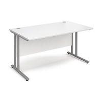 1400MM STRAIGHT DESK IN WHITE 25MM THICK TOP SILVER CANTILEVER DELUX DOUBLE UPRIGHT LEGS FOR STRENGTH