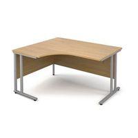 1400MM LH ERGONOMIC DESK IN OAK 25MM THICH TOP SILVER CANTILEVER DELUX DOUBLE UPRIGHT LEGS FOR STRENGTH ACCEPTS 1 FIXED P