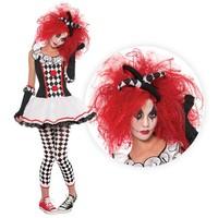 14 - 16 Years Girls Teens Scary Clown Harlequin Honey Halloween Fancy Dress Costume with Gloves Footless Tights Red Crimped Wig and Headband
