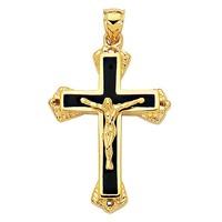 14k Yellow Gold And Black Enamel Crucifix Cross Mens Pendant