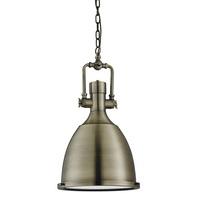 1411AB Searchlight Gold Industrial Pendant Light With Frosted Glass Diffuser In Antique Brass