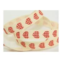 15mm Valentine Hearts Woven Ribbon Red on Cream