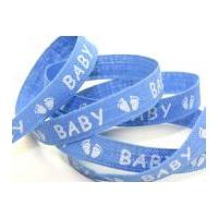 15mm Baby Feet Print Natural Woven Ribbon Blue