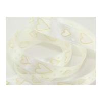 15mm Heart Satin Ribbon White, Ivory & Gold