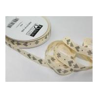 15mm Christmas Tree & Hearts Print Christmas Ribbon Cream/Grey