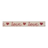 15mm Bowtique Love & Hearts Natural Cotton Ribbon Red