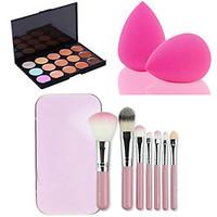 15 Colors Facial Face Contour Concealer Cream Palette7PCS Pink Box Makeup Brushes Set KitPowder Puff