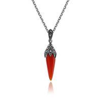 1.50ct Carnelian & Marcasite Art Deco Necklace in 925 Sterling Silver