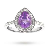 1.55 carat pear cut amethyst and 0.20 carat total weight diamond ring in 9 carat white gold