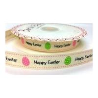 16mm Bertie\'s Bows Happy Easter Print Grosgrain Ribbon Pink & Green