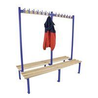 1800MM LENGTH DOUBLE SIDED CLOAKROOM UNIT FITTED WITH 20 BLUE HOOKS - 3x BLUE FRAMES - ASH HARDWOOD TIMBER - OVE