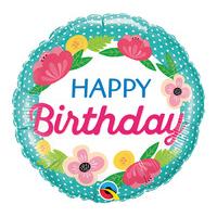 18\' Round Foil Happy Birthday Balloon - Flowers & Polka Dots