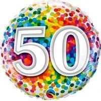 18 Inch Qualatex Age 50 Rainbow Confetti Round Foil Balloon