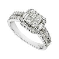 18ct white gold 1.00 carat princess cut, round brilliant and baguette diamond ring