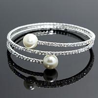 18k Silver Crystal Pearl Double Layer Elastic Bangle Bracelet for Women