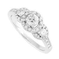 18ct white gold 0.75 carat diamond three stone halo ring