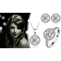 18K White Gold Plated Crystal Halo Set
