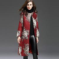1898 Women\'s Casual/Daily Chinoiserie Trench CoatEmbroidered Round Neck Long Sleeve Fall / Winter Red Polyester Medium