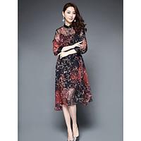 1898womens casualdaily a line chiffon dressfloral print stand knee len ...