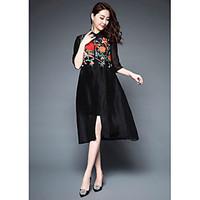 1898Women\'s Casual/Daily A Line DressEmbroidered Stand Knee-length Sleeve Silk Summer High Rise Micro-elastic Thin