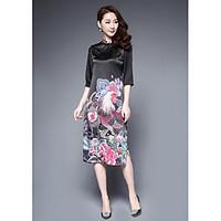 1898Women\'s Casual/Daily Shift Sheath DressFloral Print Stand Midi Sleeve Silk Summer High Rise Micro-elastic Thin