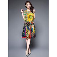 1898womens casualdaily a line dressfloral round neck knee length sleev ...