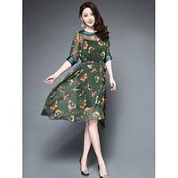 1898Women\'s Casual/Daily Swing DressFloral Print Round Neck Midi Knee-length Length Sleeve Silk Summer High Rise Micro-elastic Thin