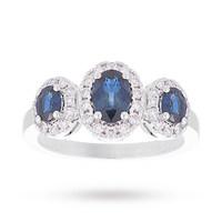 18 carat white gold sapphire and diamond three stone ring ring size l