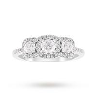 18ct White Gold Halo Cushion Three Stone 0.50ct Diamond Ring - Ring Size J