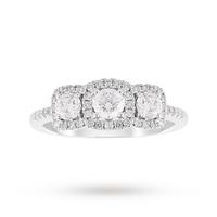 18ct White Gold Halo Cushion Cut Three Stone 1.00ct Diamond Ring - Ring Size P