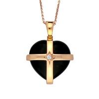 18ct Rose Gold Whitby Jet 0.02ct Diamond Small Cross Heart Necklace