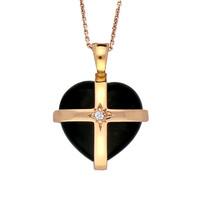 18ct Rose Gold Whitby Jet 0.03ct Diamond Size M Cross Heart Necklace