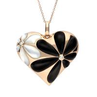 18ct Rose Gold Whitby Jet Diamond Small Flower Heart Necklace