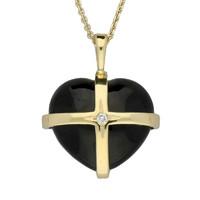 18ct Yellow Gold Whitby Jet 0.05ct Diamond Large Cross Heart Necklace