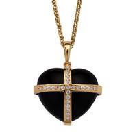 18ct Yellow Gold Whitby Jet 0.37ct Diamond Large Cross Heart Necklace