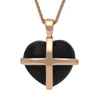 18ct Rose Gold Whitby Jet Large Cross Heart Necklace